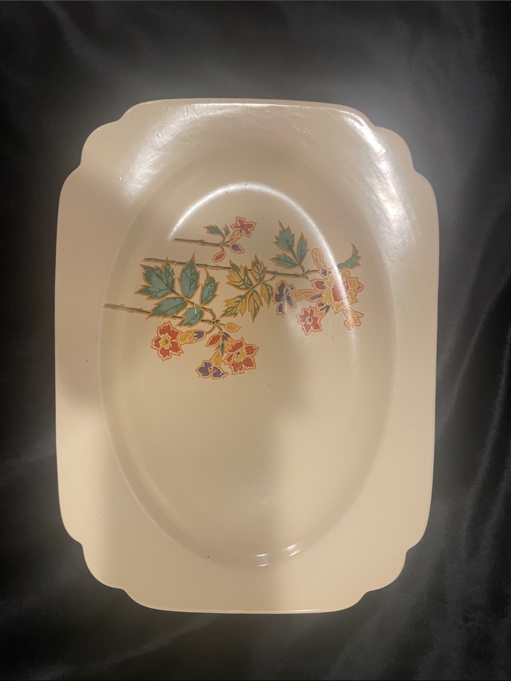Homer Laughlin Cream Oval Serving Platter with Multicolored Floral Branch